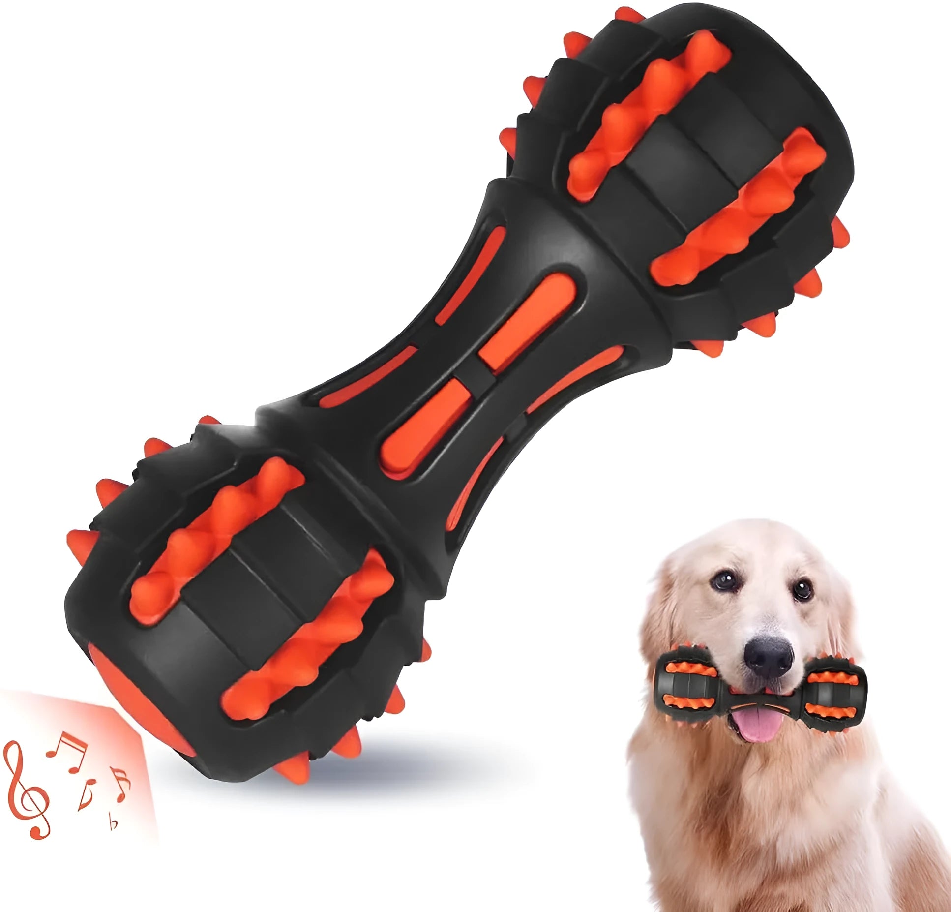 Red dumbbell-shaped durable rubber dog chew toy for medium and large breeds on a white background.