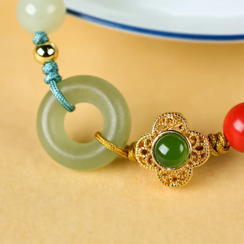Hetian gray jade and cinnabar safety buckle bracelet with 8mm flower beads, retro style, women's accessory