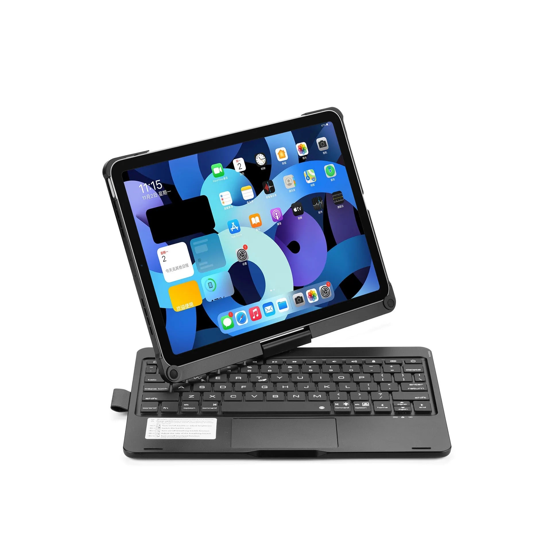 Black Bluetooth keyboard with 360-degree rotation and backlit keys for iPad tablets