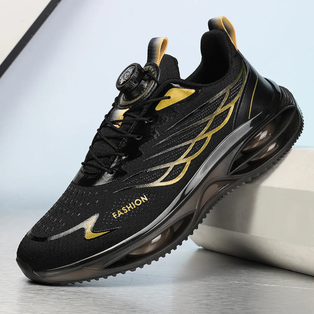 Casual breathable sneakers in black gold, featuring a PU mesh upper, rubber sole, and round toe lace-up design.
