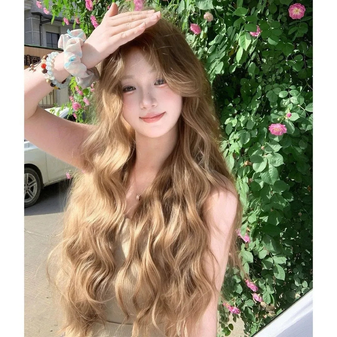 Brown medium length curly synthetic wig with linen shade and defined curls