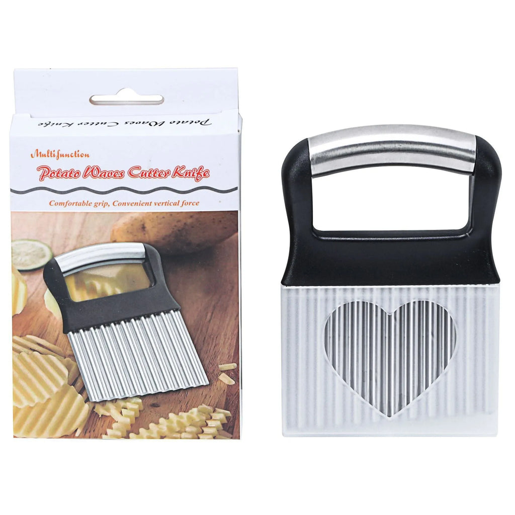 Stainless steel potato wave knife for making wavy vegetable slices, shown in black or white.