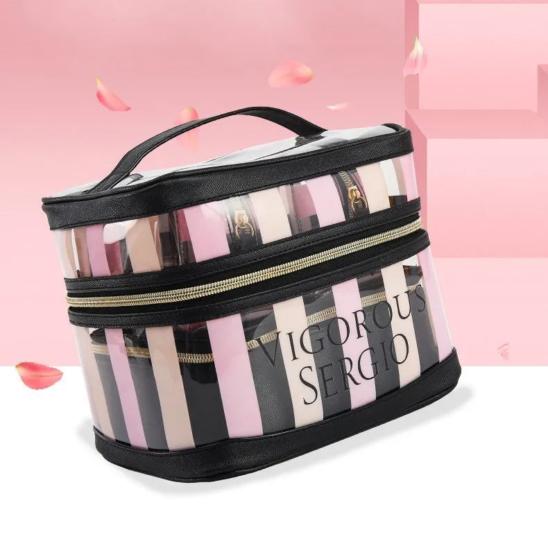 Pink bold stripes and floral pattern synthetic leather makeup buggy bag with waterproof lining.