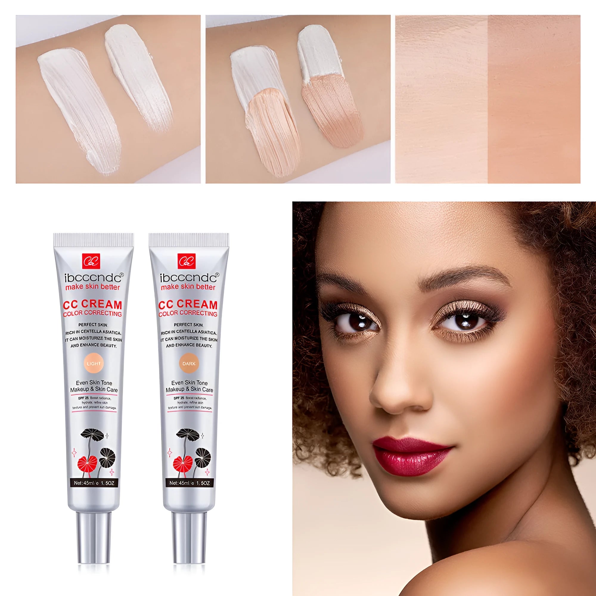 Erborian CC Cream tube in dark and light shades for colour correcting makeup