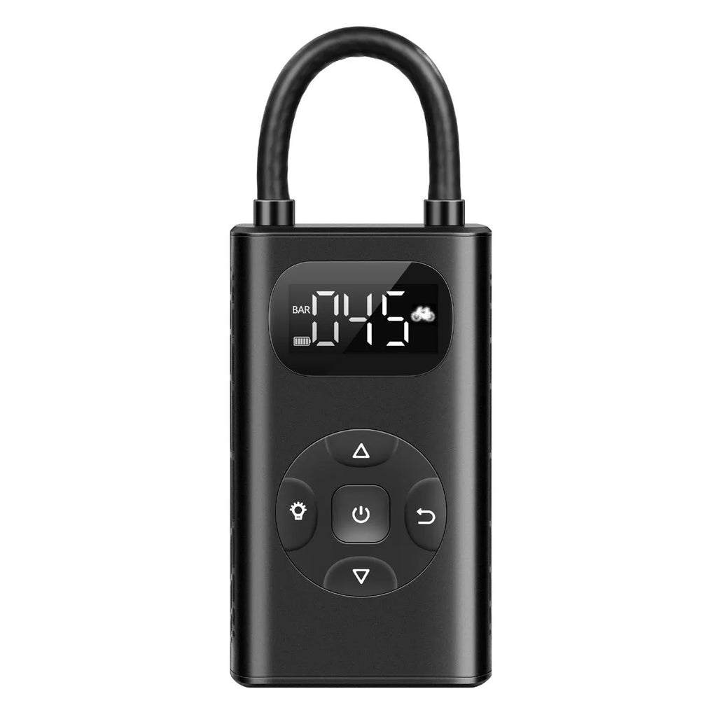 Black portable digital tyre inflator with power bank, USB cable, and 16cm tube on a grey background.