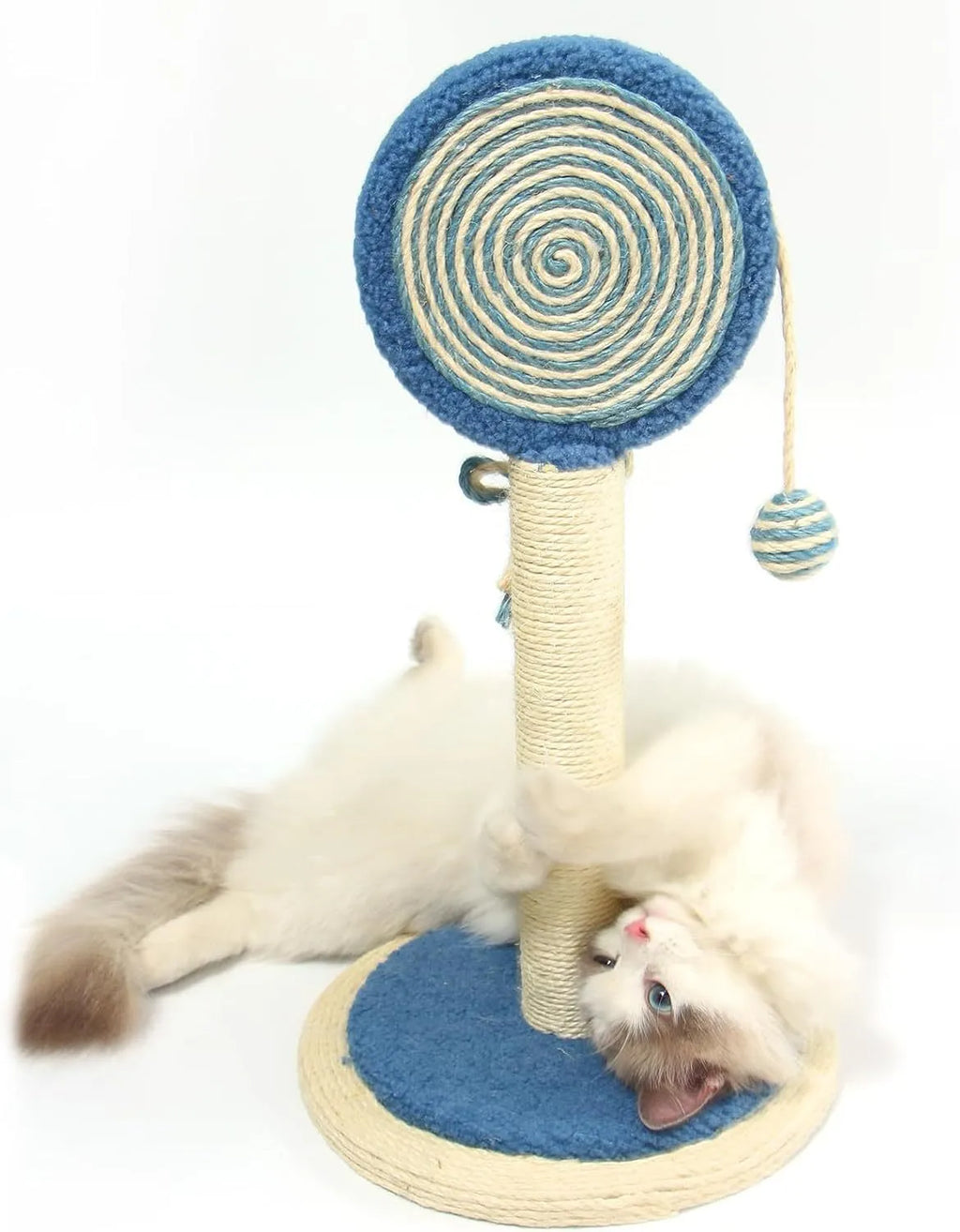 Blue cat scratching post with natural sisal rope and a hanging ball toy on a sturdy square base.