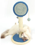 Blue cat scratching post with natural sisal rope and a hanging ball toy on a sturdy square base.
