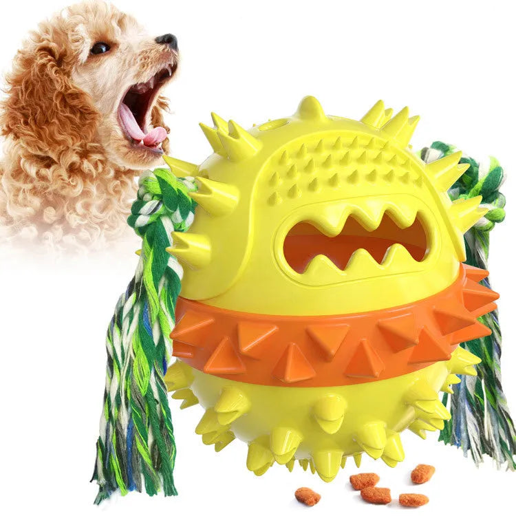 Blue and red squeaky dog toy ball with treat dispenser hole for aggressive chewers