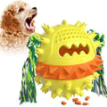 Blue and red squeaky dog toy ball with treat dispenser hole for aggressive chewers