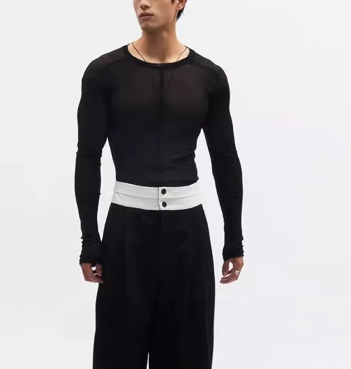 Black slim-fit long sleeve PU mesh pullover top with a see-through texture on a model.