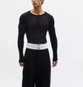Black slim-fit long sleeve PU mesh pullover top with a see-through texture on a model.