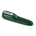 Dark green vegetable peeler with storage tube, showing stainless steel blade and non-slip handle.