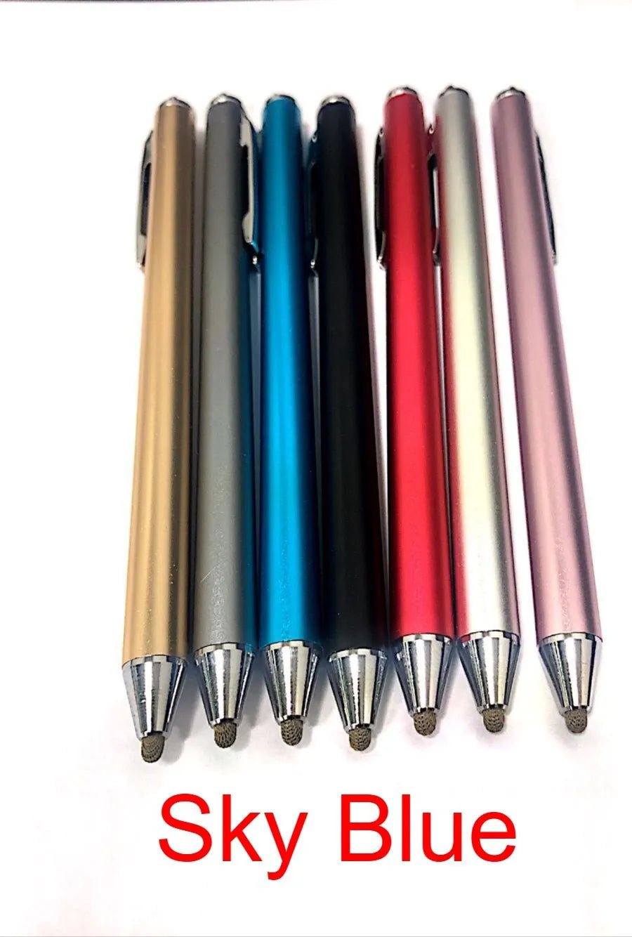 Metal stylus pen with a fine black tip, shown in seven colour options.