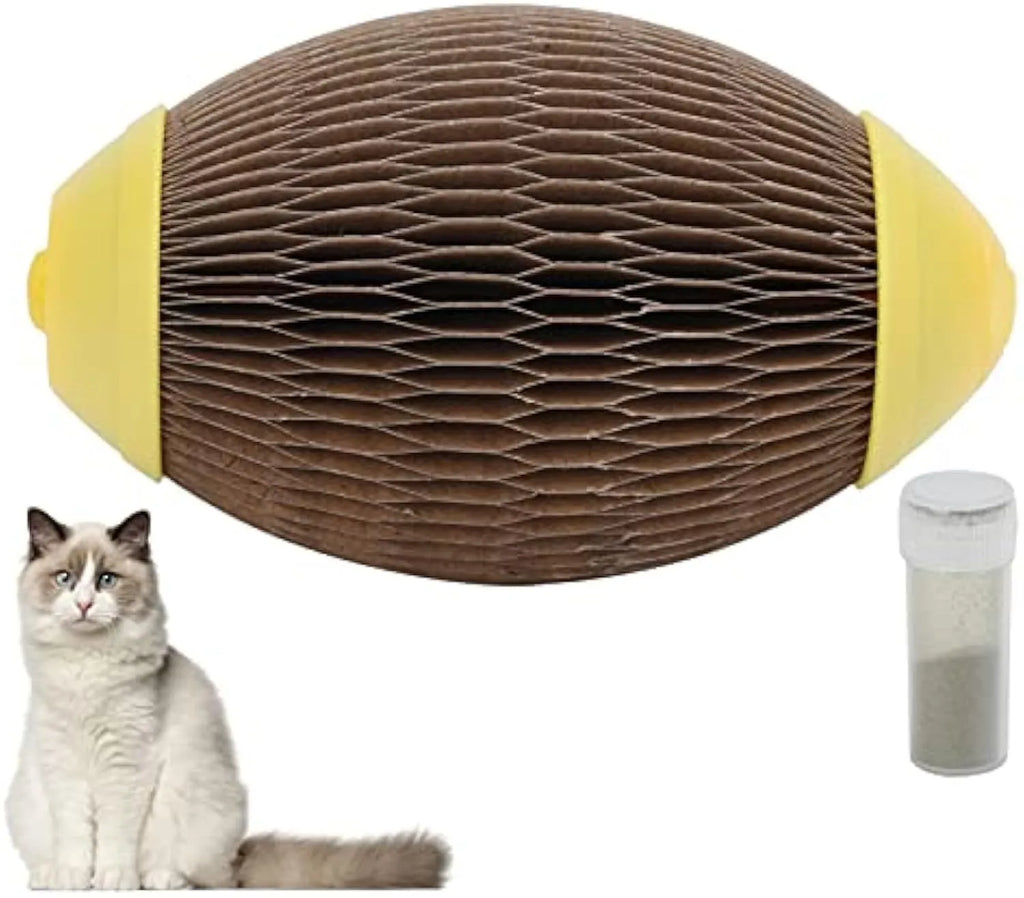 Ellipse-shaped grey corrugated cardboard catnip football toy with a scratch surface.