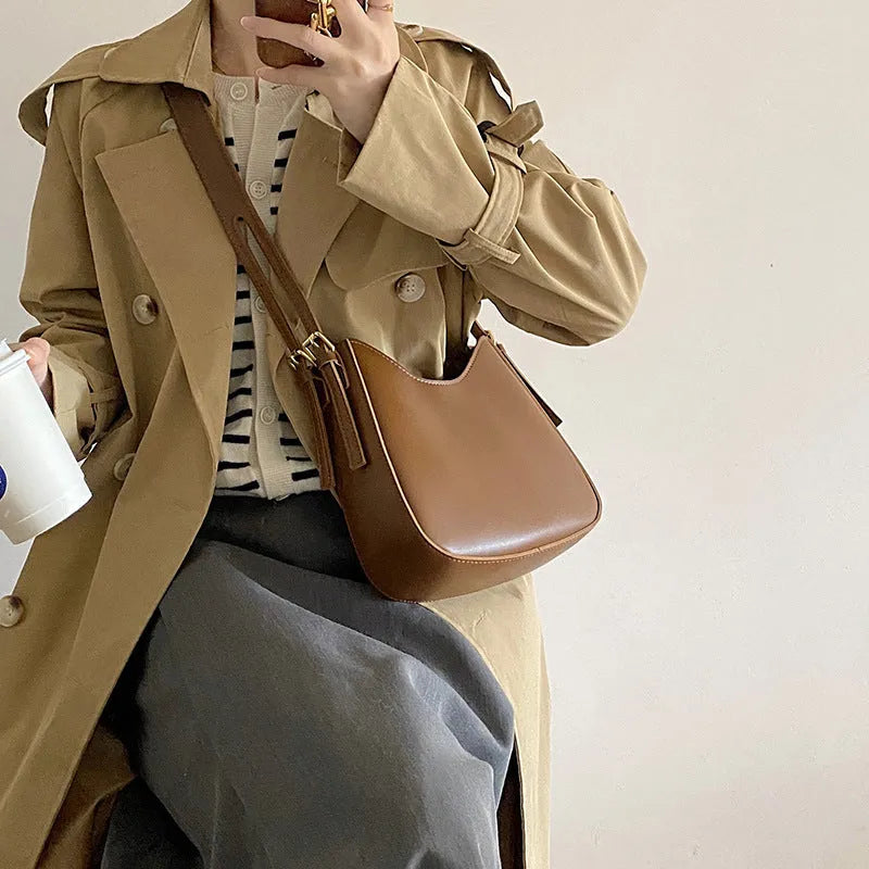 French Niche one shoulder saddle bag in coffee colour, soft PU, adjustable strap, crossbody design