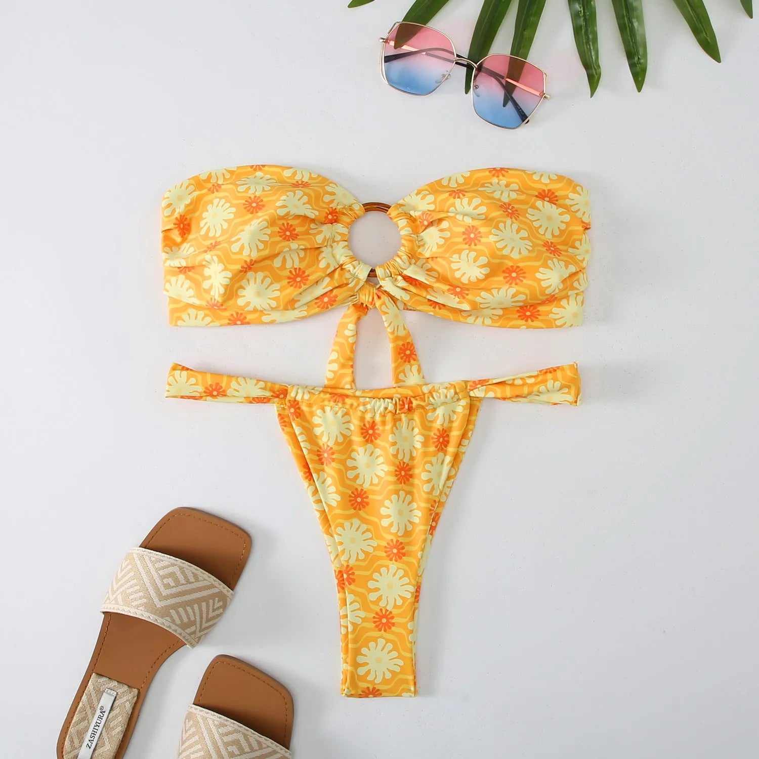 Women's floral printed tube top bikini set with backless design in multiple colour options