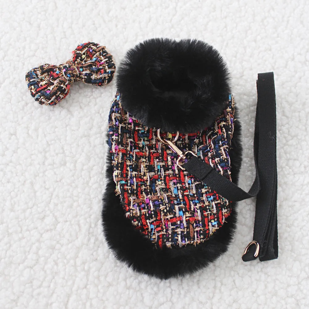 Dog wearing cotton cloth cloak chest strap with integrated hand holding rope pet lead attachment