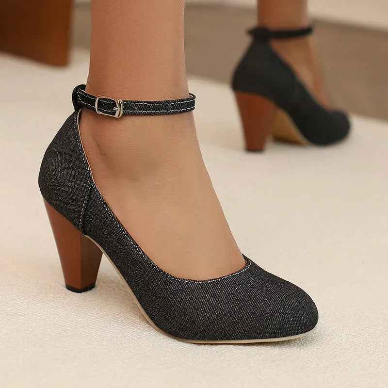 Women's blue denim waterproof platform high-heel shoes with buckle fastening and round toe design