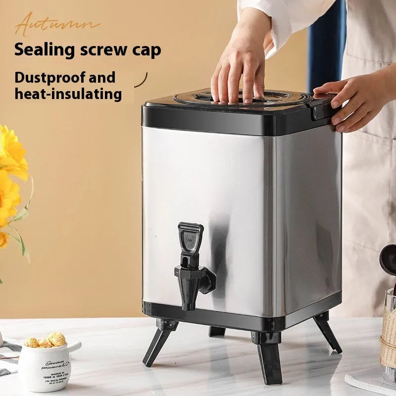 Silver stainless steel 8-litre milk tea bucket with square lock design for commercial beverage storage