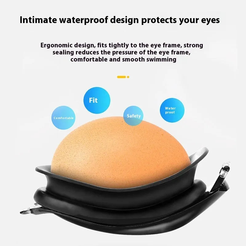 One-piece silicone large frame swimming goggles for adults in black colourful gold colour