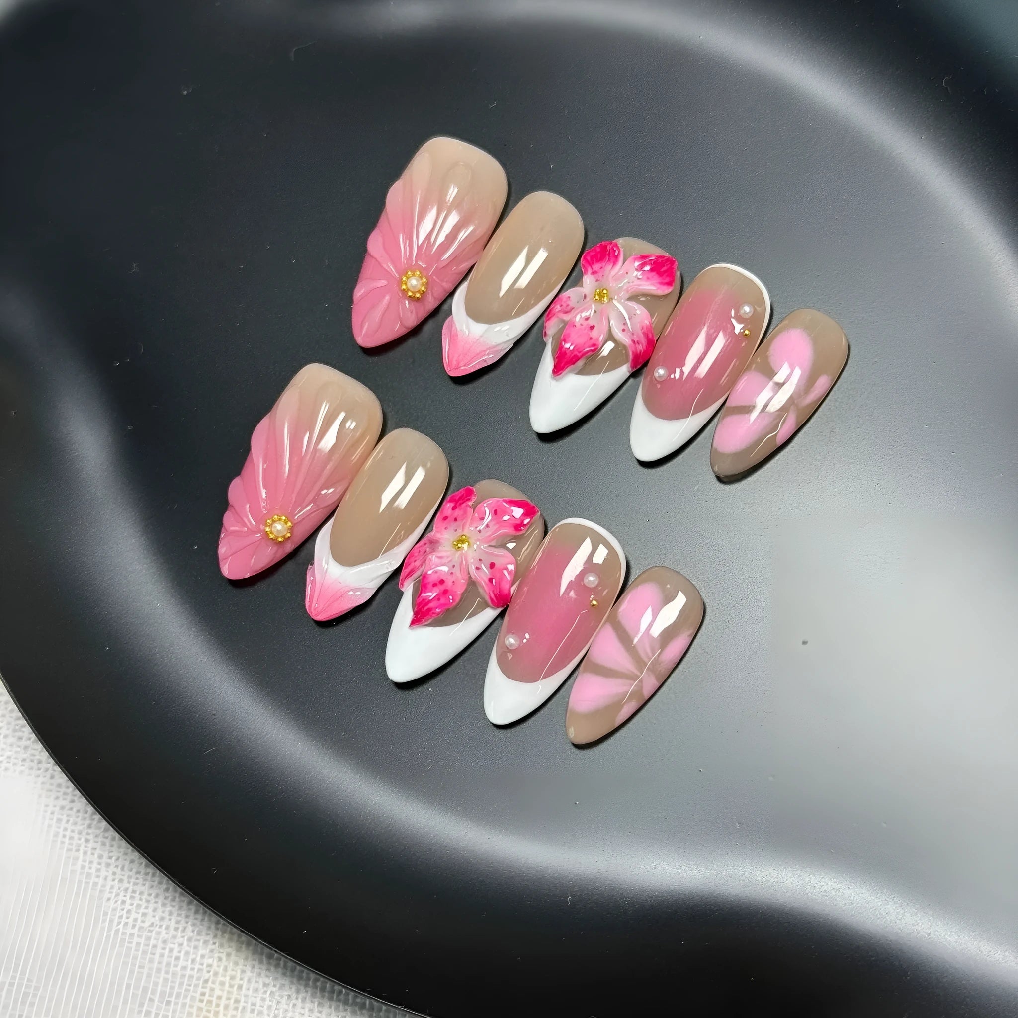 French style plastic manicure practice armour with 3D lily and ice flower design in almond shape.
