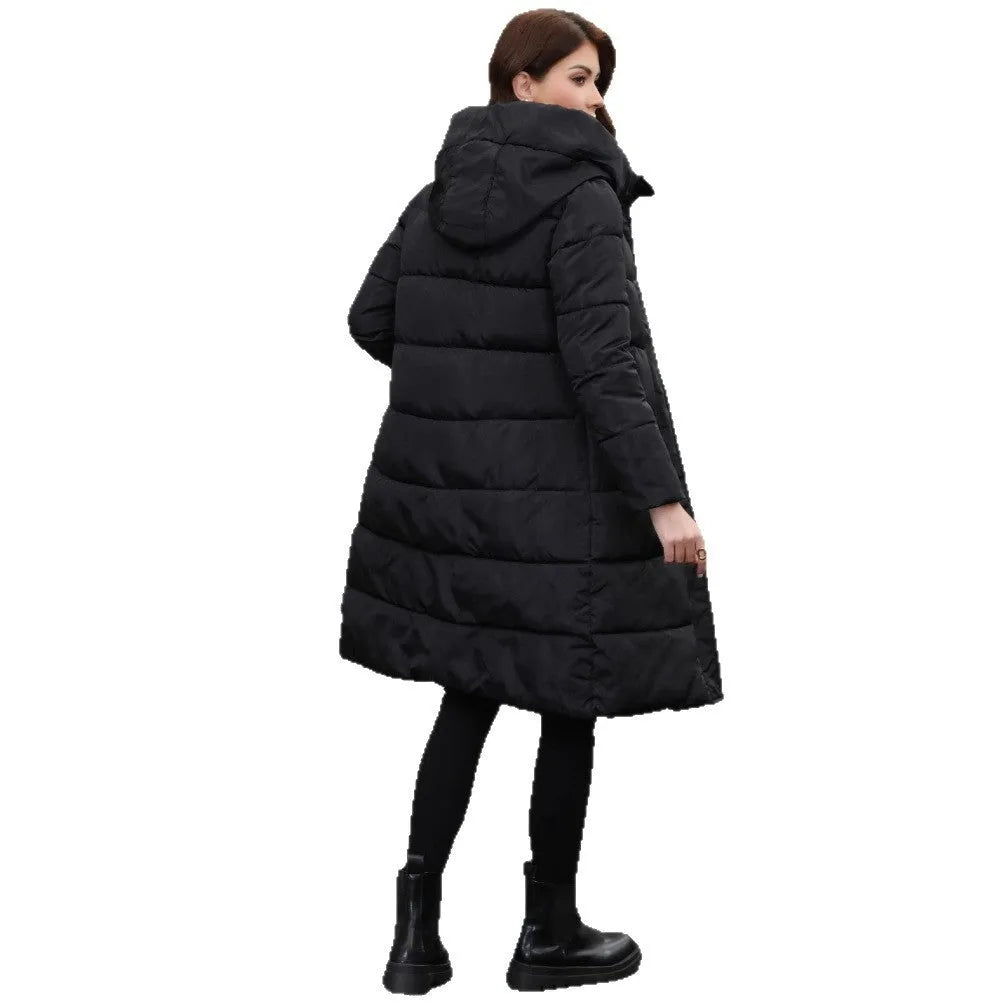 Black slim fit hooded winter jacket with thick polyester cold-resistant construction