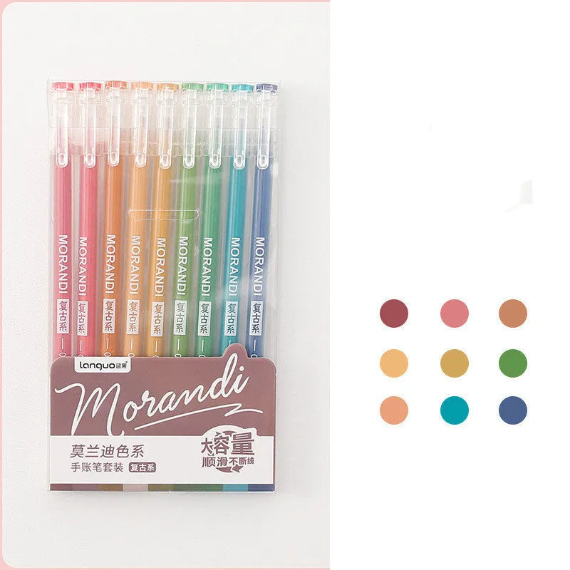 Set of nine retro-style gel pens with 0.5mm needle tips in assorted colours for note-taking.