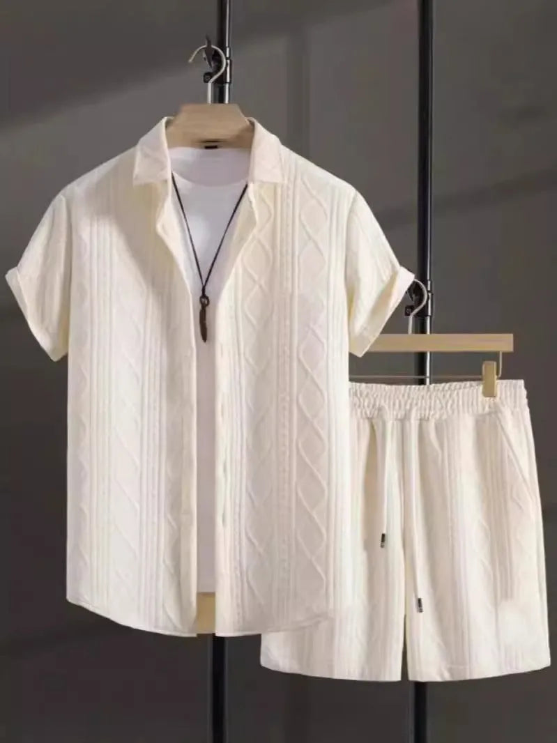 Black and white jacquard short sleeve suit set with shirt and shorts in solid color