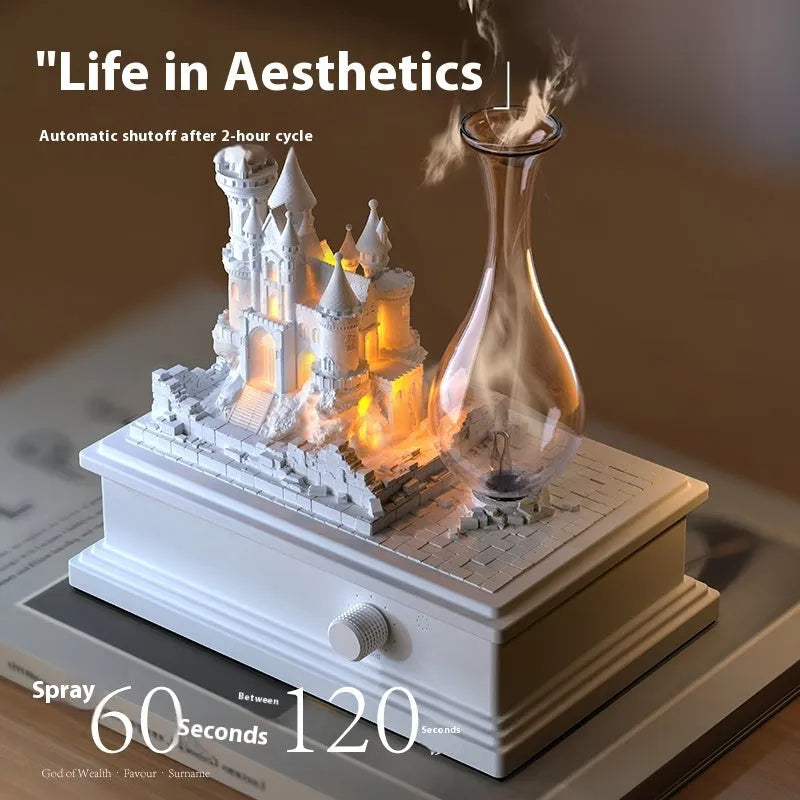 White medieval castle aromatherapy machine with cold fragrance technology and ambient light, measuring 188mm wide by 210mm high