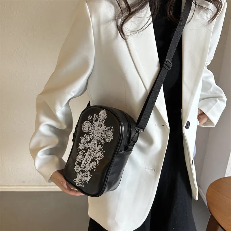 Halloween graffiti print crossbody bag with pumpkin ghost bat design in PU leather