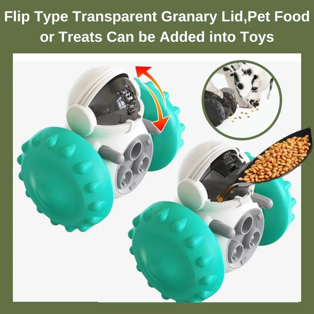 Robot-shaped self-balancing dog treat tumbler toy for small pets on a floor.