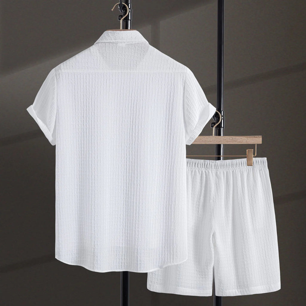 Men's black Jacquard pattern cotton blend short sleeve shirt and matching shorts casual suit