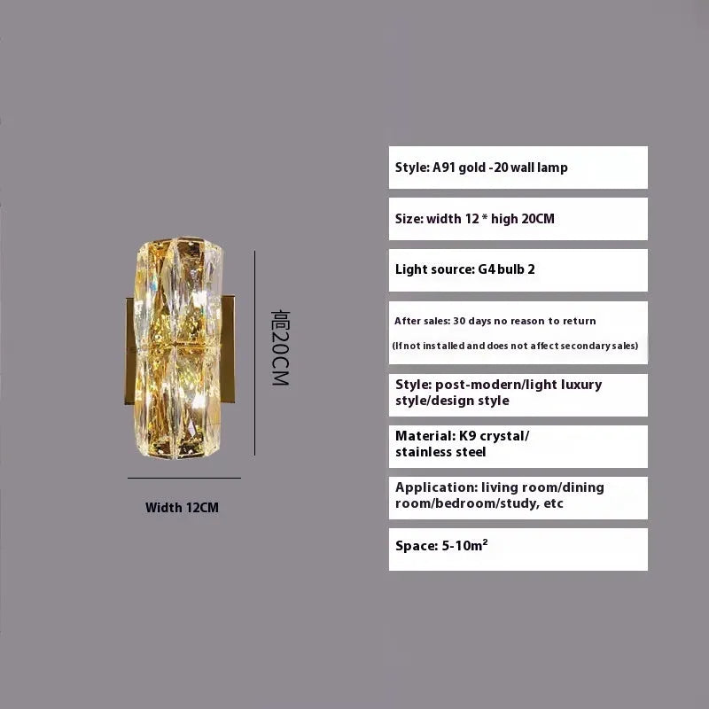 Modern crystal shade wall lamp in gold or chrome stainless steel, mounted on a wall.