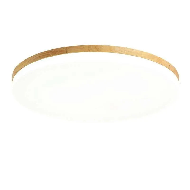 Japanese minimalist wood and acrylic LED ceiling lamp with a round acrylic shade on a wood body.