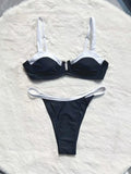 Black low waist women's bikini with stitching split briefs design