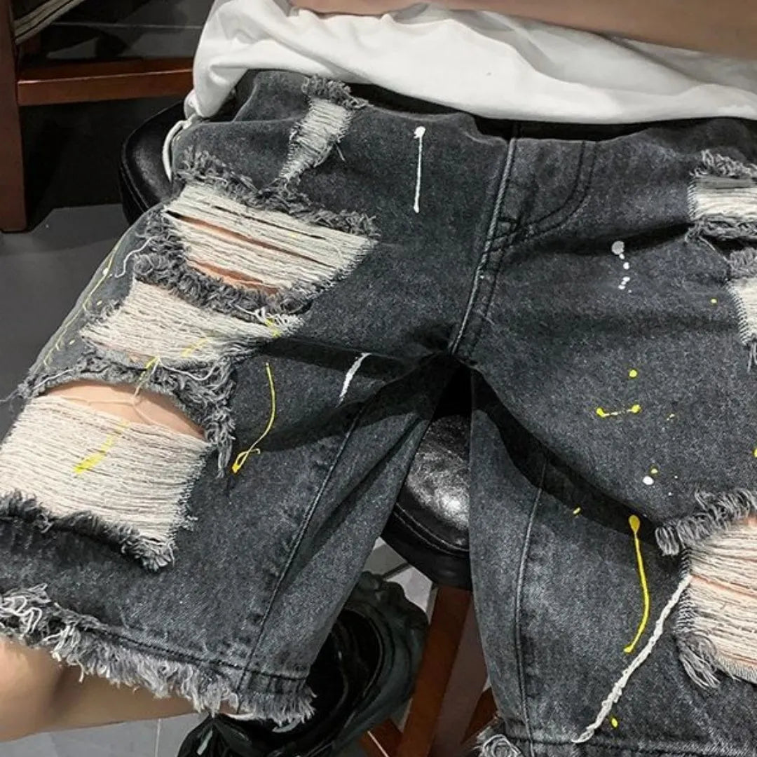 Men's loose-fit water-washed hole denim shorts in black or light blue colours