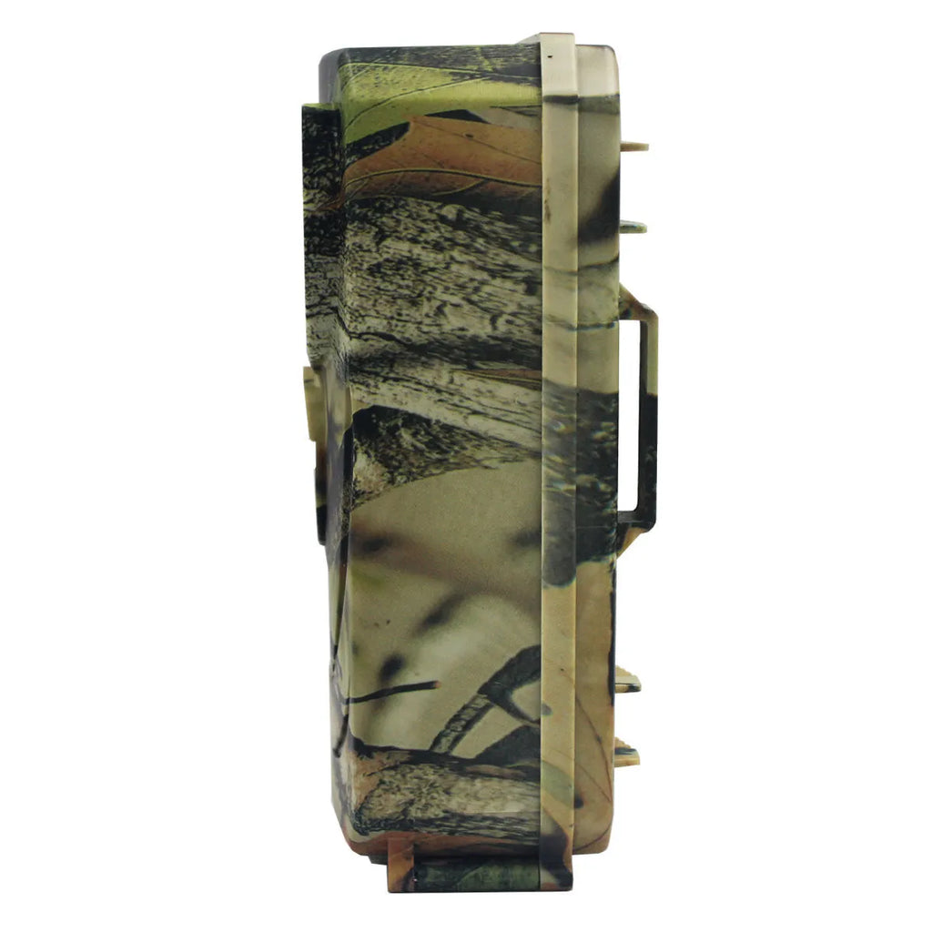 Yellow brown plastic 16MP hunting game camera with infrared lights and wide lens for outdoor wildlife monitoring.