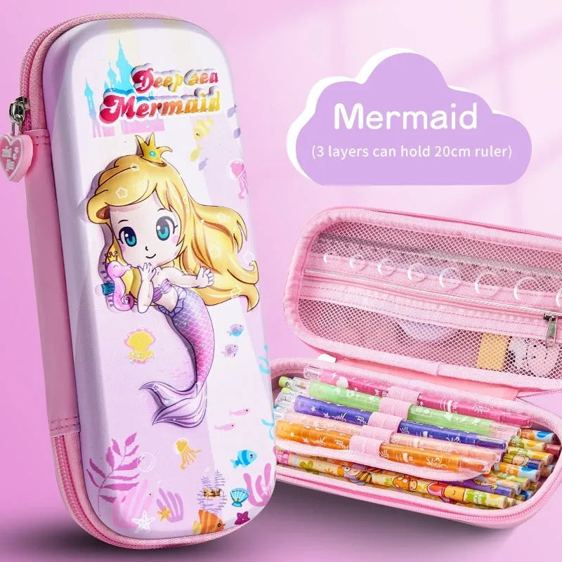3D leather pencil case with decorative design options including astronauts, dinosaurs and mermaids