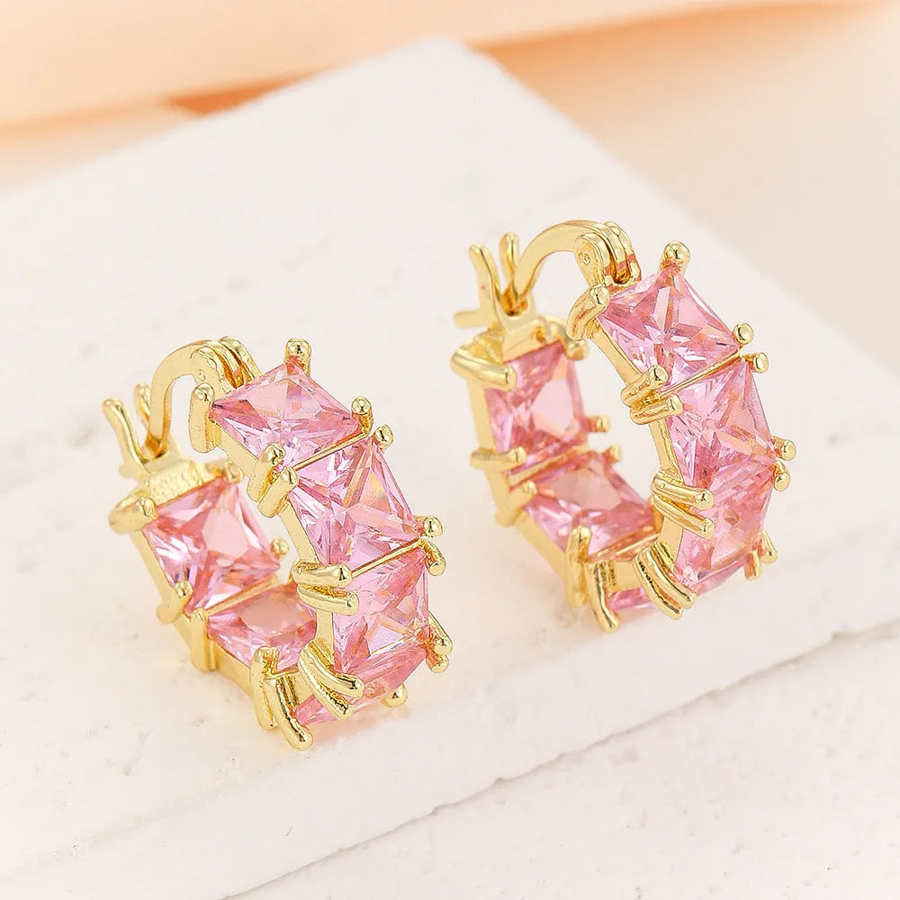 Women's geometric U-shape copper stud earrings with round crystal zircon stone