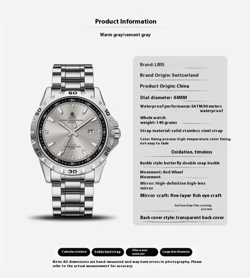 Men's silver case watch with sapphire crystal glass and stainless steel strap