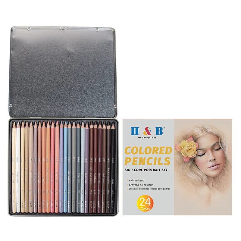 24 skin colour pencils for portrait painting in round iron box container