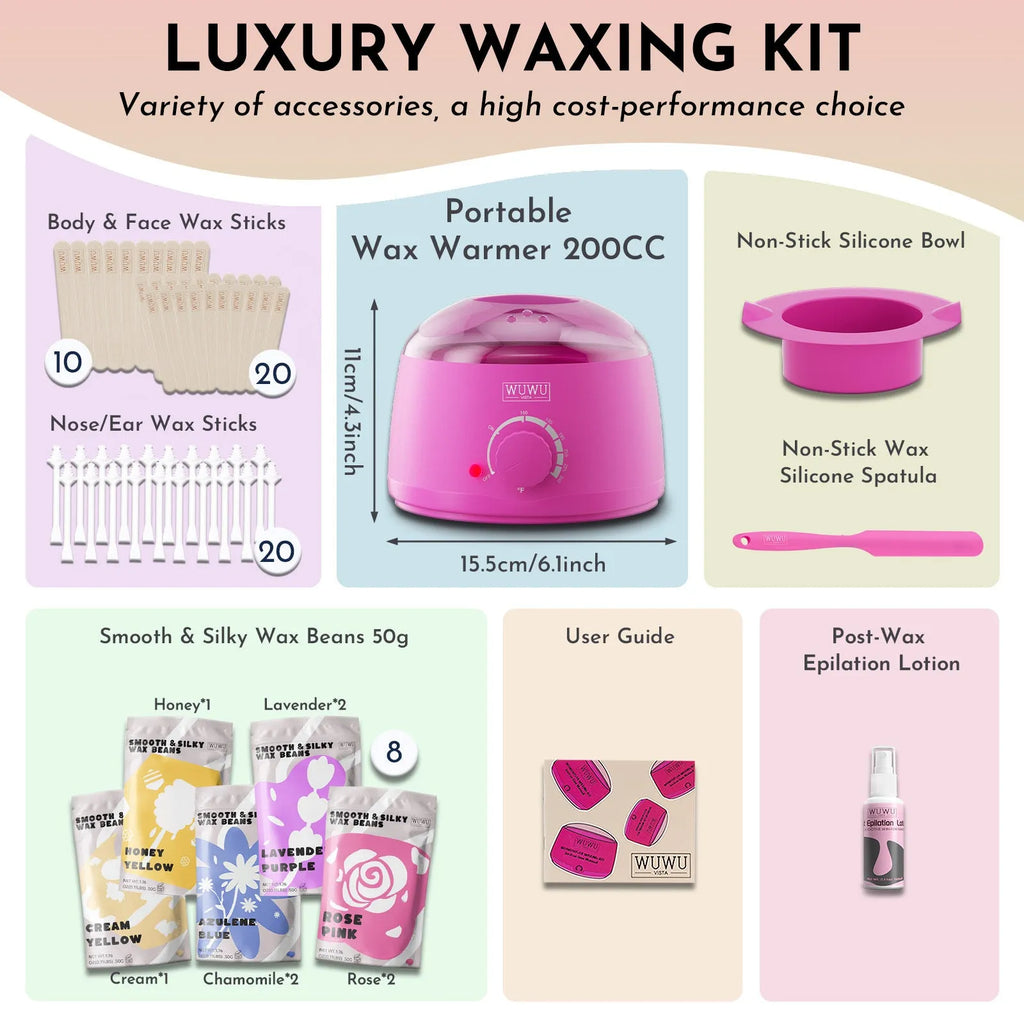 WUWUVISTA 63-piece waxing kit with black wax warmer, wax beads, lotion, and waxing sticks