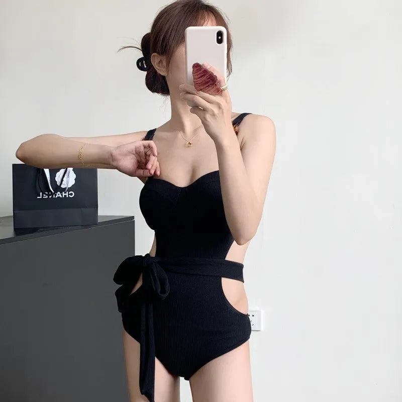 One-piece swimsuit with jumpsuit suspender style, small chest gather, high waist, backless, solid colour, women's swimwear