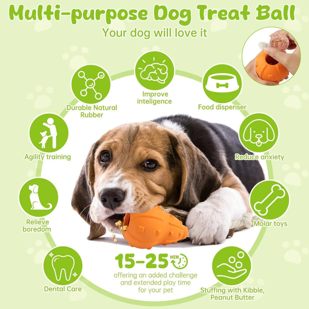 Natural rubber stuffable dog chew toy with a long strap for small to medium dogs.