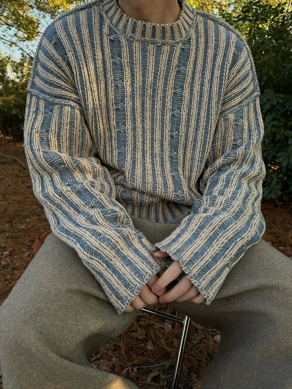 Men's blue stripes contrast colour cotton round neck loose fit casual sweater