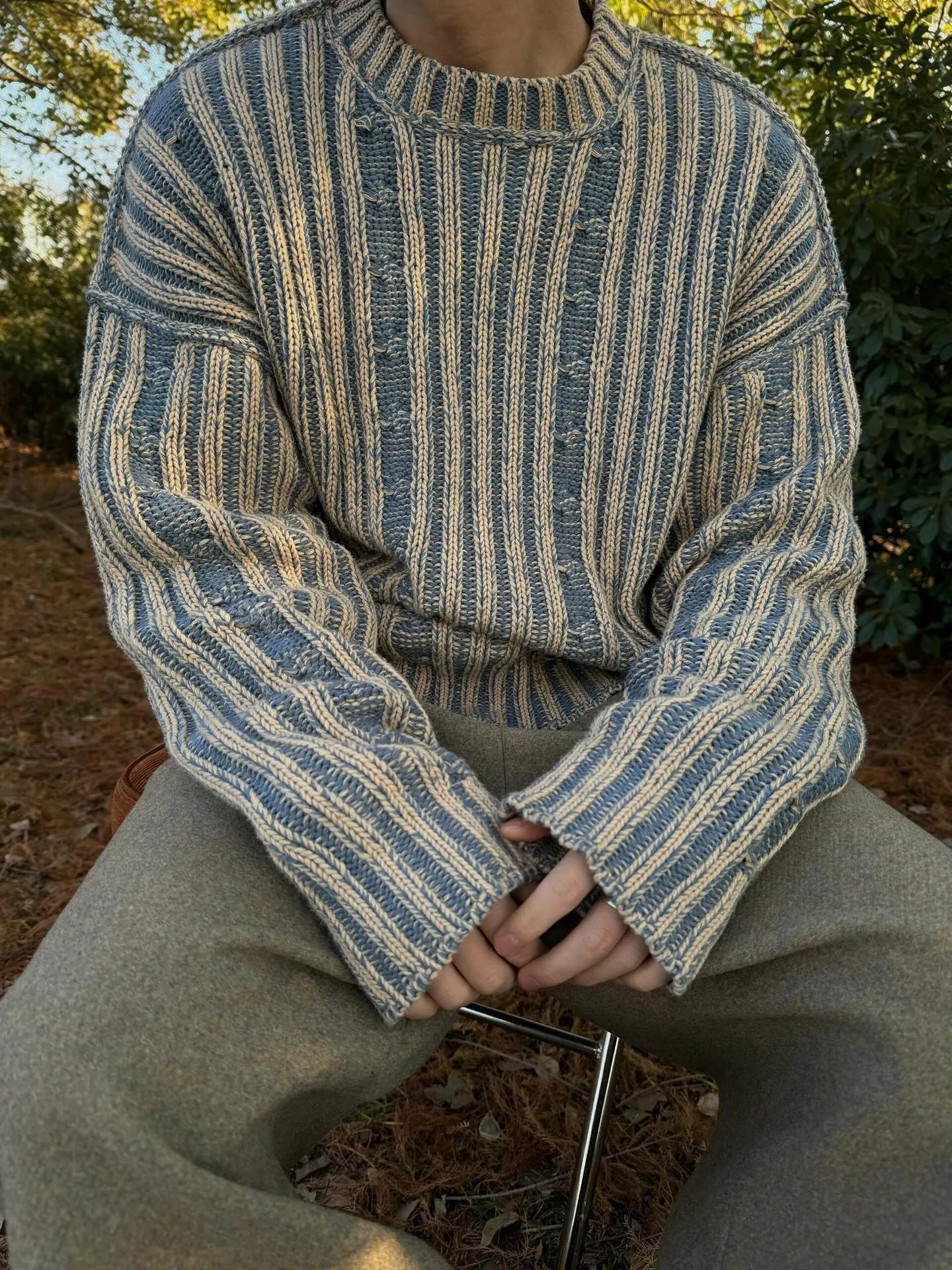 Men's blue stripes contrast colour cotton round neck loose fit casual sweater