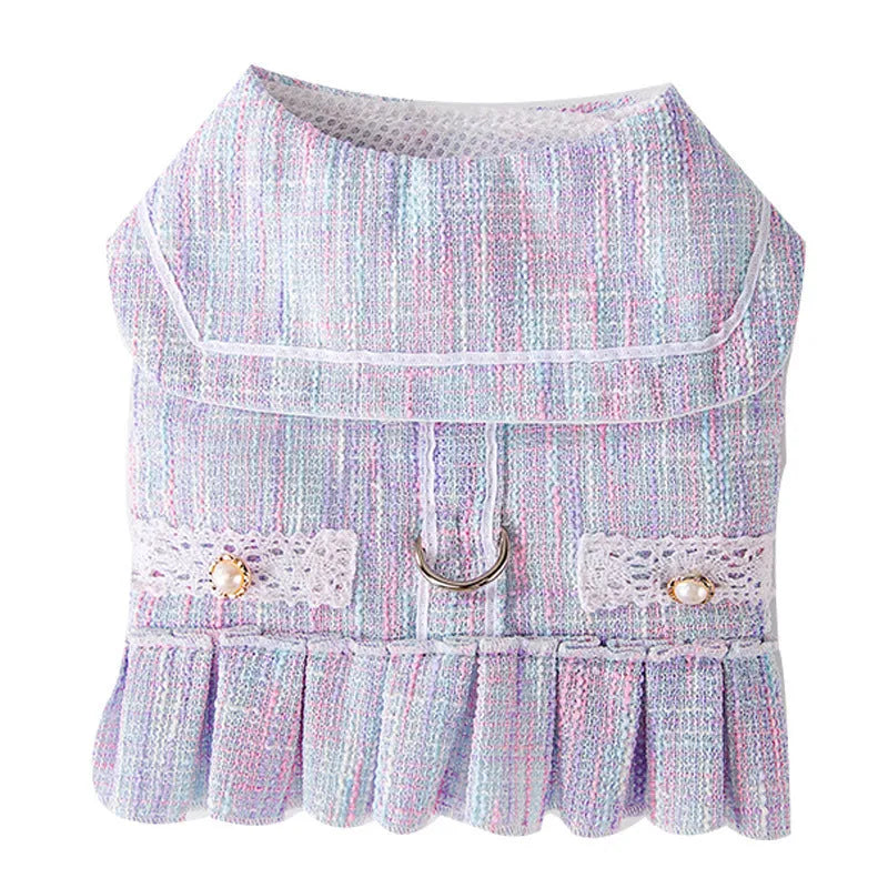 Purple and pink hooded polyester pet clothing for small dogs and cats in sizes S, M, L, XL.