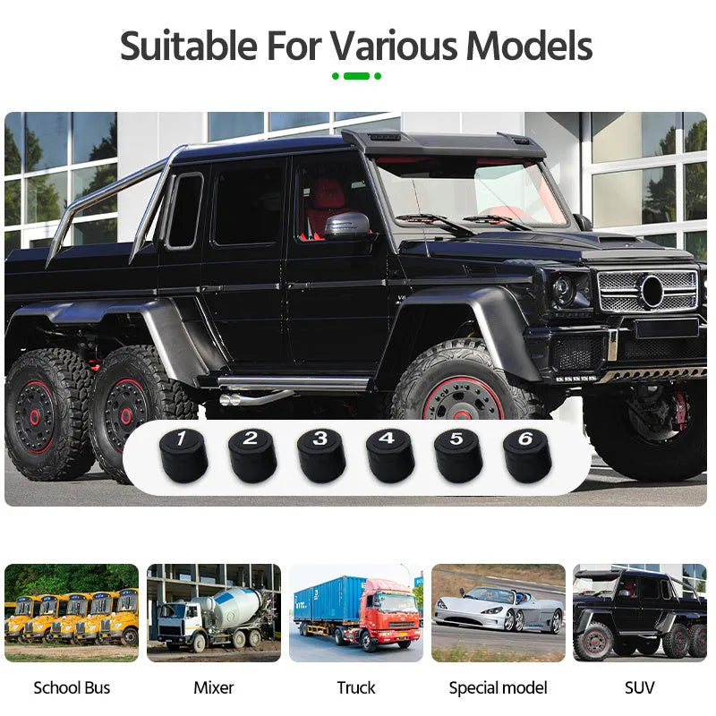 Solar-powered external tyre pressure monitor display unit for six-wheel trucks and RVs