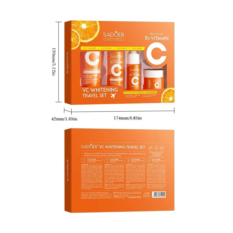 Five Vitamin C whitening travel bag with facial cleanser and moisturiser in a portable skincare set.