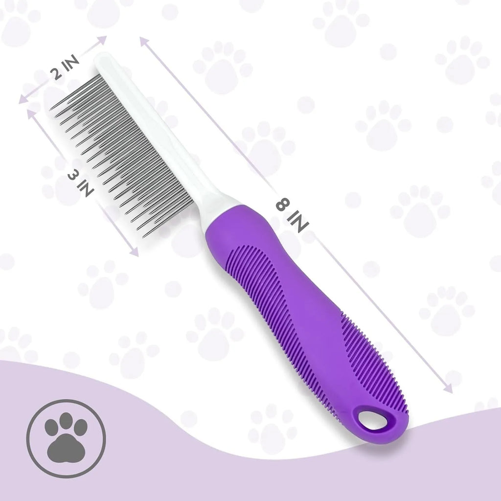 Purple pet grooming comb with stainless steel long and short teeth on an ergonomic handle.